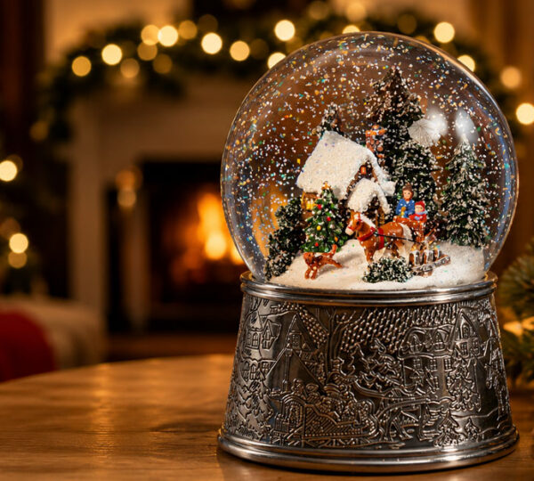 Schneekugel mit Weihnachtsbaum, verschneitem Dorf und warmem Licht als festliche Dekoration zu Weihnachten