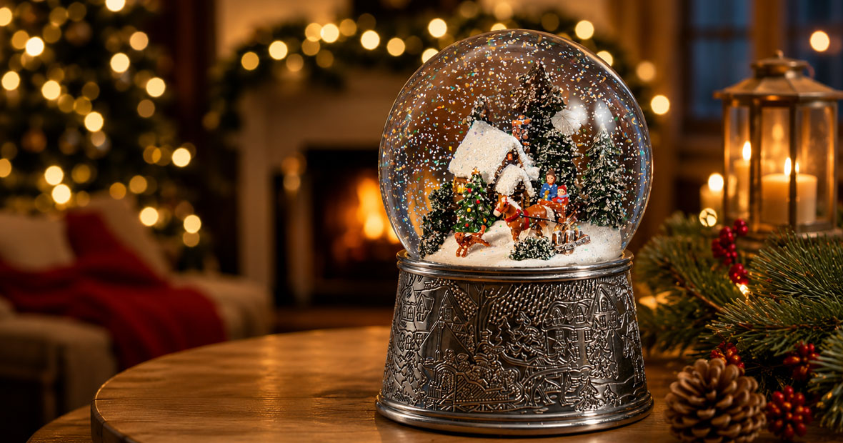 Schneekugel mit Weihnachtsbaum, verschneitem Dorf und warmem Licht als festliche Dekoration zu Weihnachten